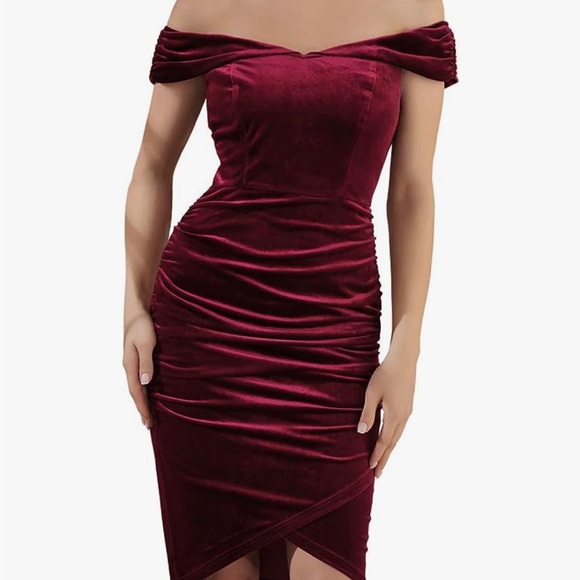 off shoulder wine red velvet cocktail dress - Picture 1 of 5